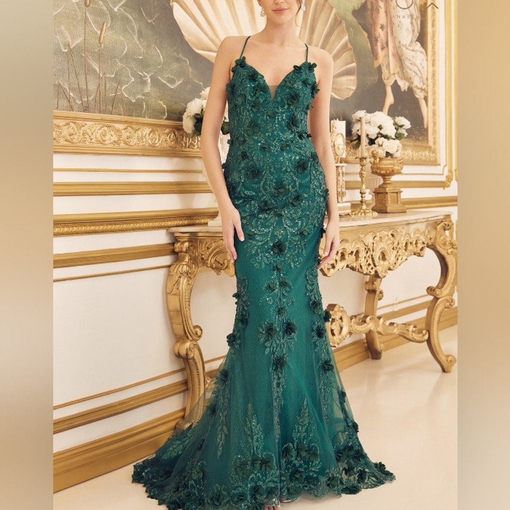 New long mermaid sequin floral floor length gown with lace up open back